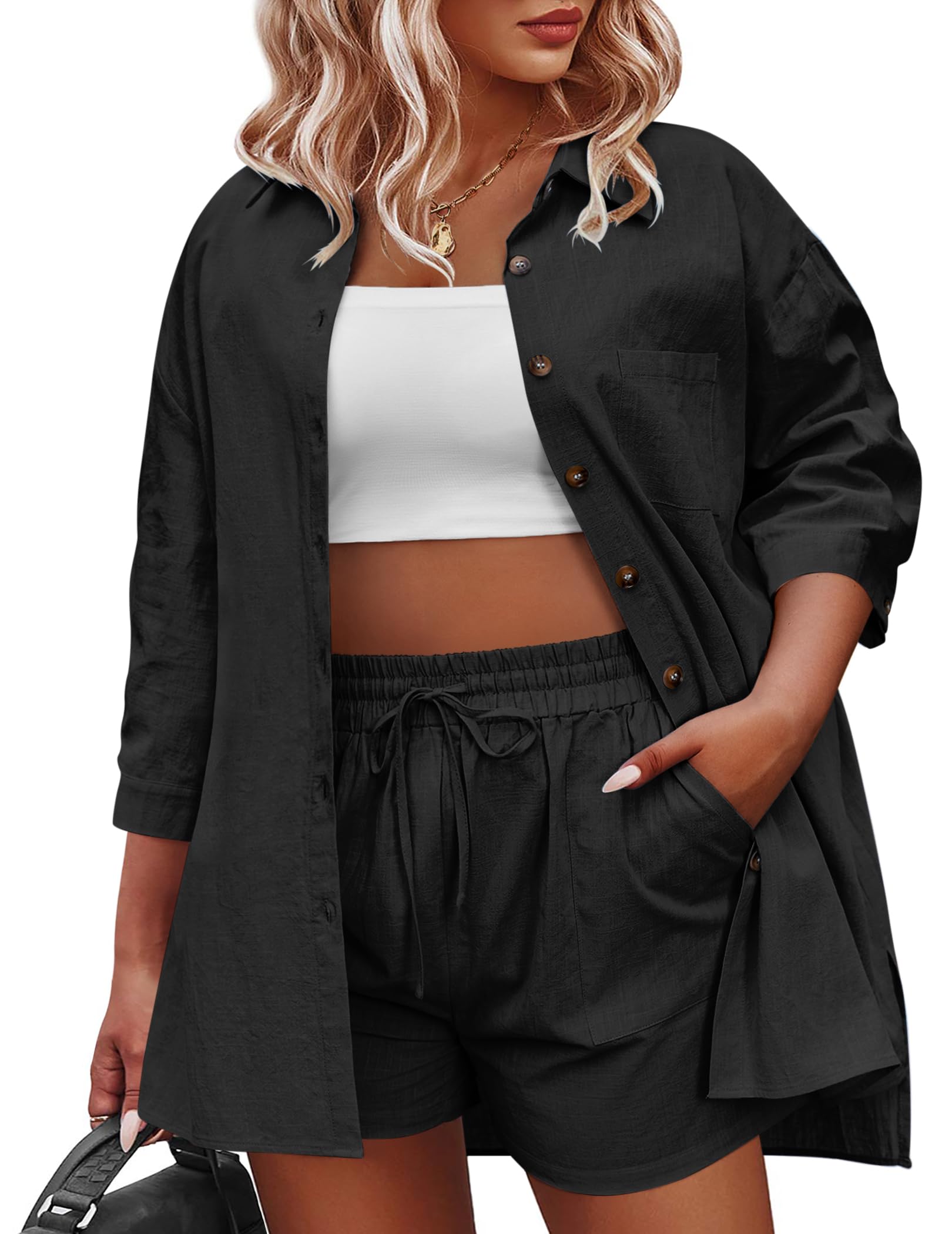 INVOLAND Plus Size Womens Two Piece Sets Button Down 3/4 Sleeve Shirt Drawstring Shorts Pockets 2 Piece Lounge Set 18 Plus