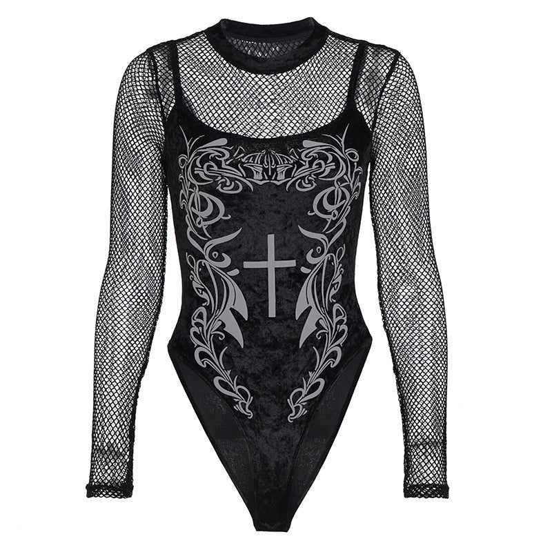 Velvet Mesh Patchwork Bodysuit with Vintage Pattern