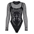 Velvet Mesh Patchwork Bodysuit with Vintage Pattern