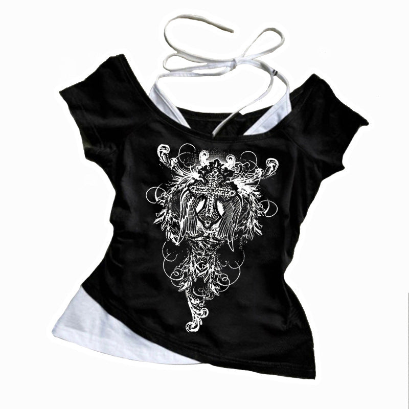 Gothic Print Fake Two-Piece T-Shirt