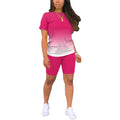 PINSV Womens 2 Piece Outfits Summer Printing Bodycon Short Pants Workout Sets Gradient Rose Red M