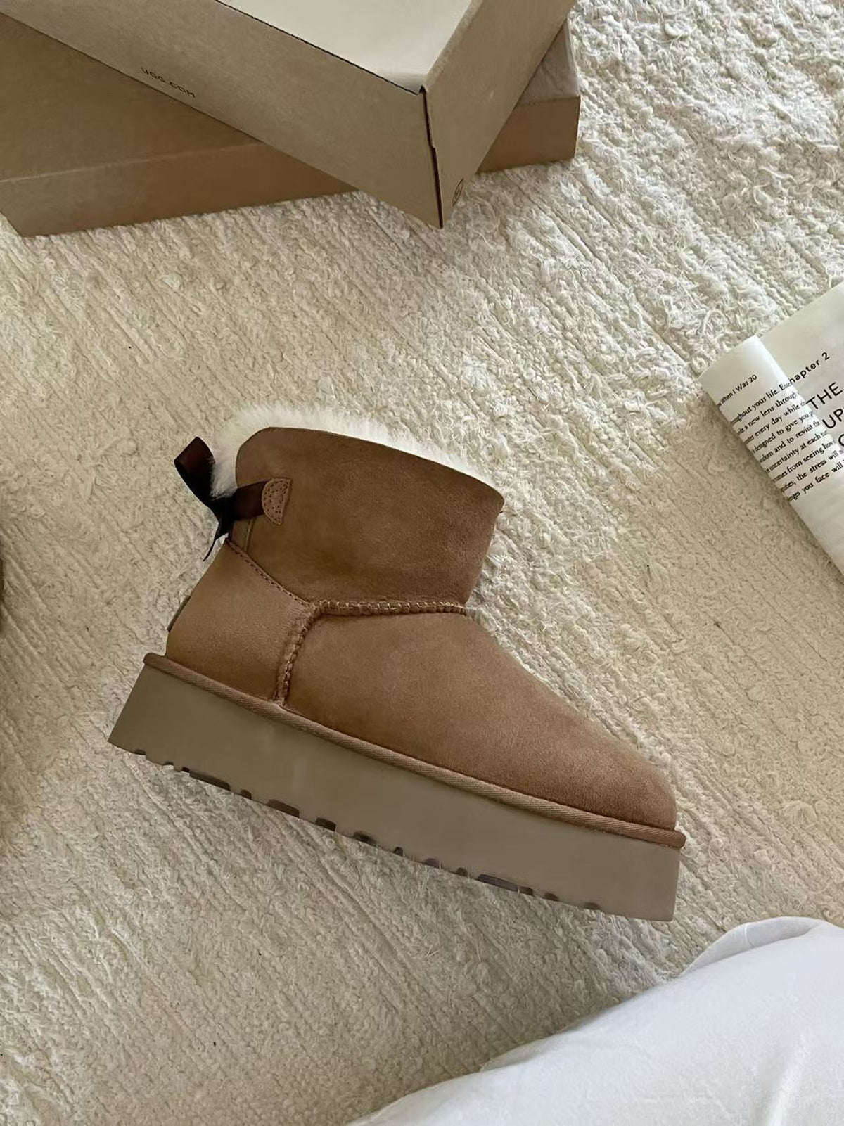 Classic Sheepskin Snow Boots with Ribbon Bow