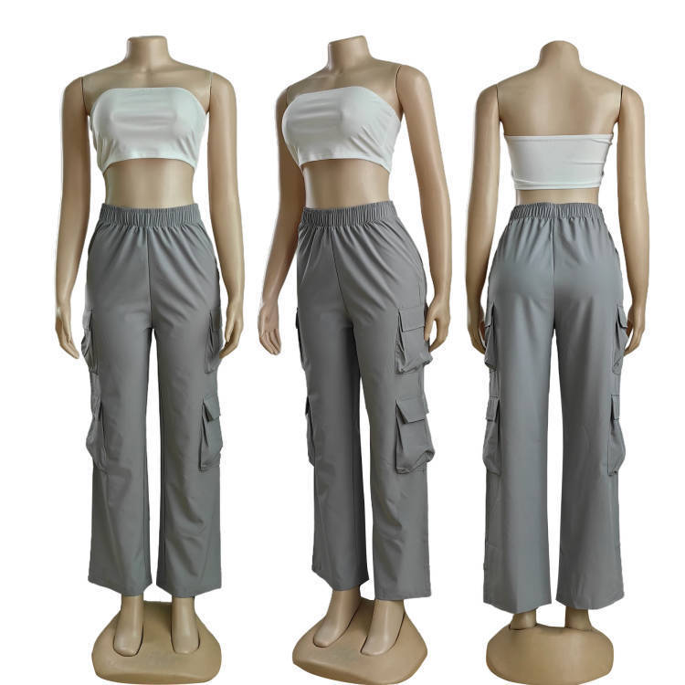 Womens Casual Multi-Pocket Solid Color Cargo Pants Straight Leg Mid-Rise Pants