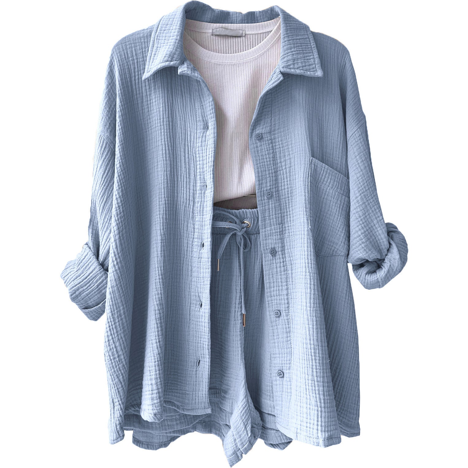 A two-piece set of wrinkled fabric shirt and high-waisted shorts