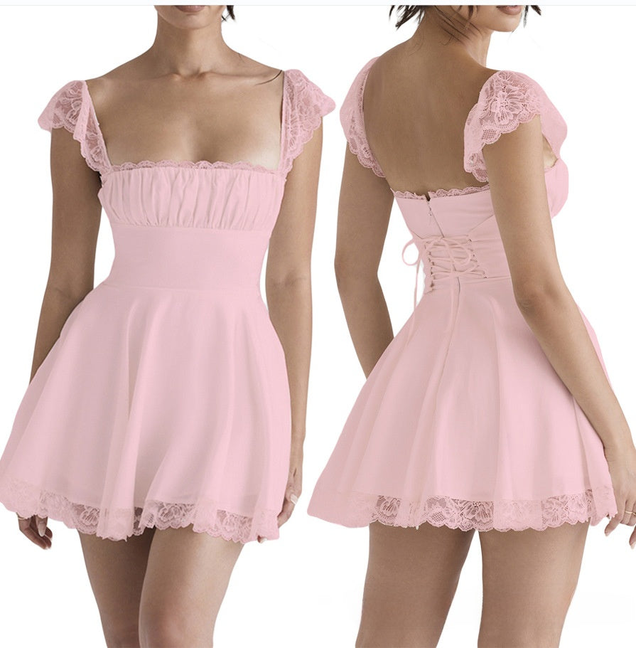 Fashion Lace Square Collar Backless Dress