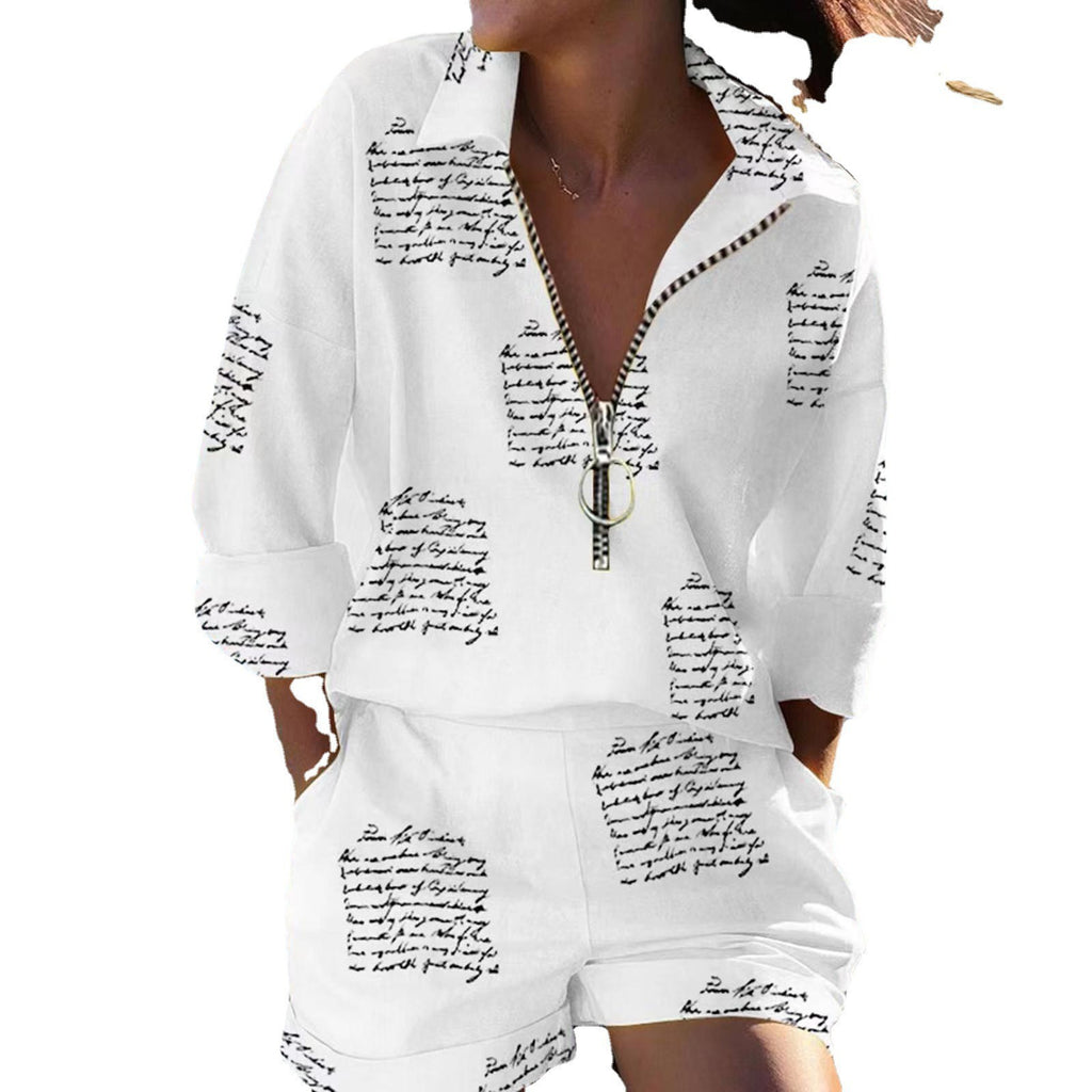 Women's printed zipper shirt and shorts