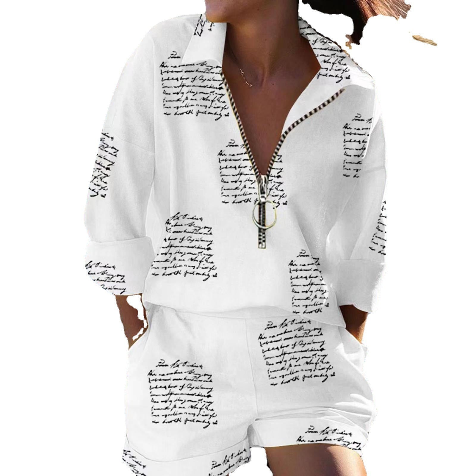 Women's printed zipper shirt and shorts