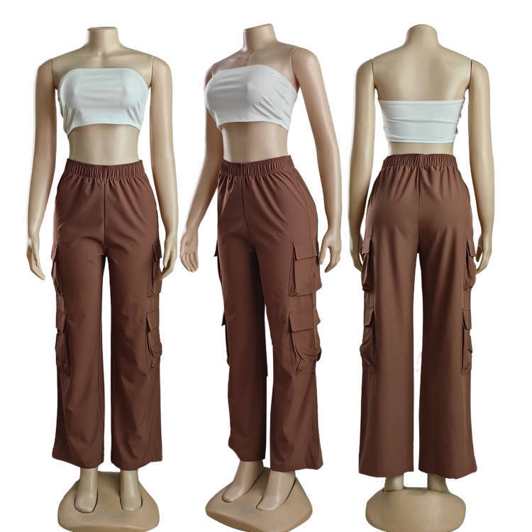 Womens Casual Multi-Pocket Solid Color Cargo Pants Straight Leg Mid-Rise Pants