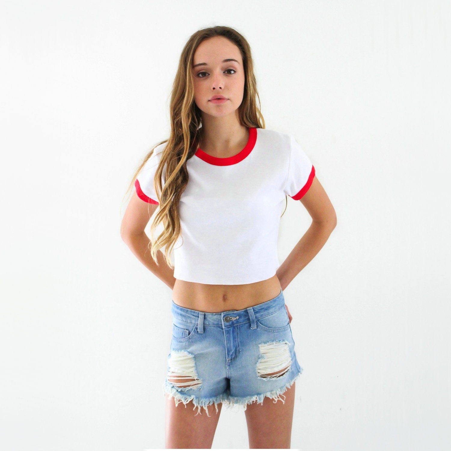 Womens Crop Top Color Block T-Shirt