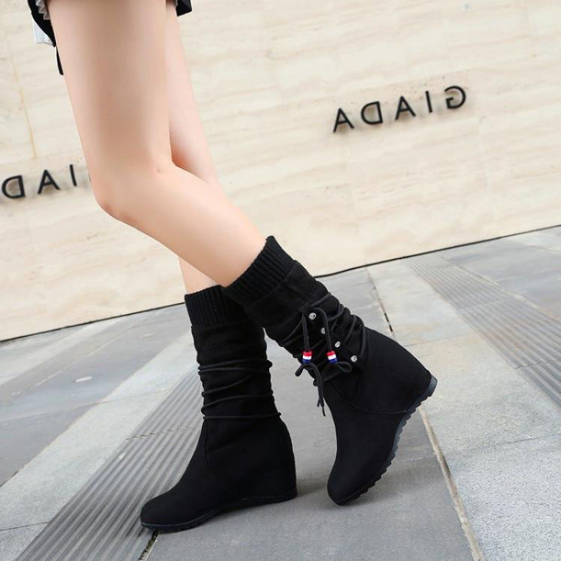 Women's Suede Wedge Mid-Calf Boots with Stretch Fit