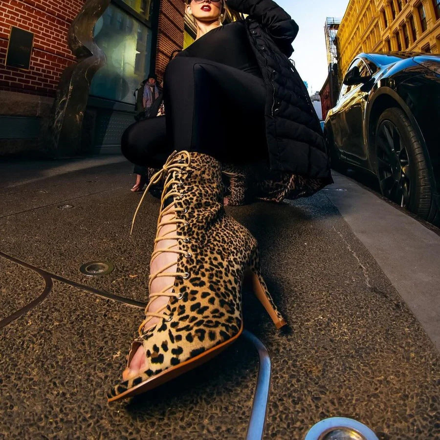 Womens Leopard Print Lace Up Mesh High Heel Court Shoes