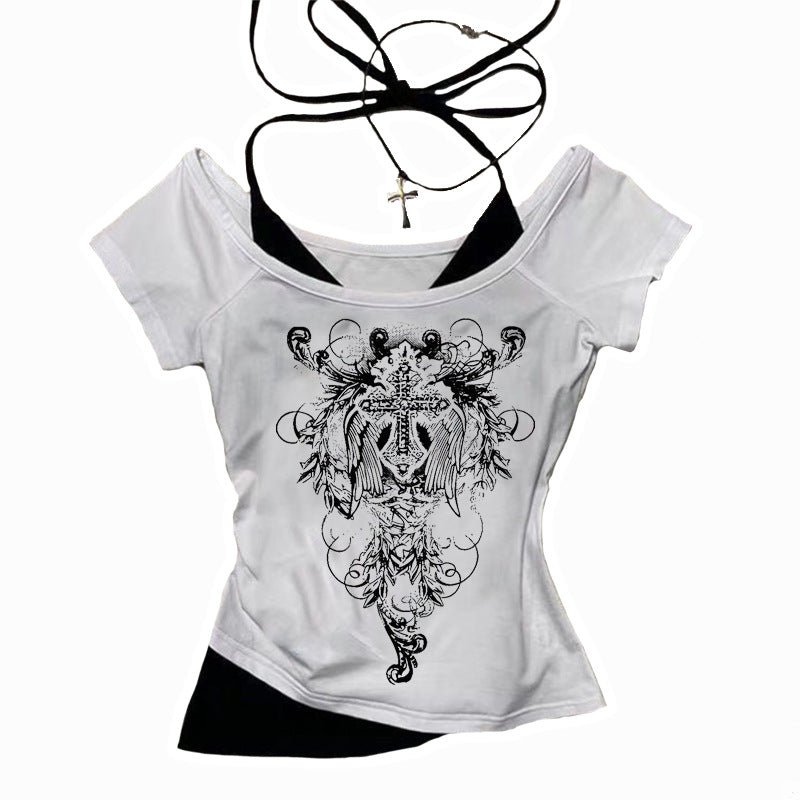 Gothic Print Fake Two-Piece T-Shirt