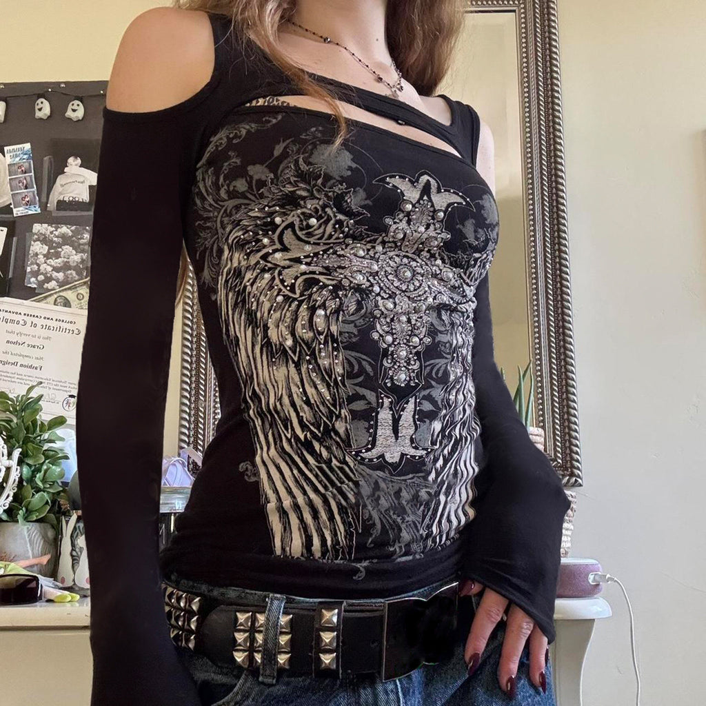 Womens Asymmetrical Off-Shoulder Long Sleeve T-Shirt