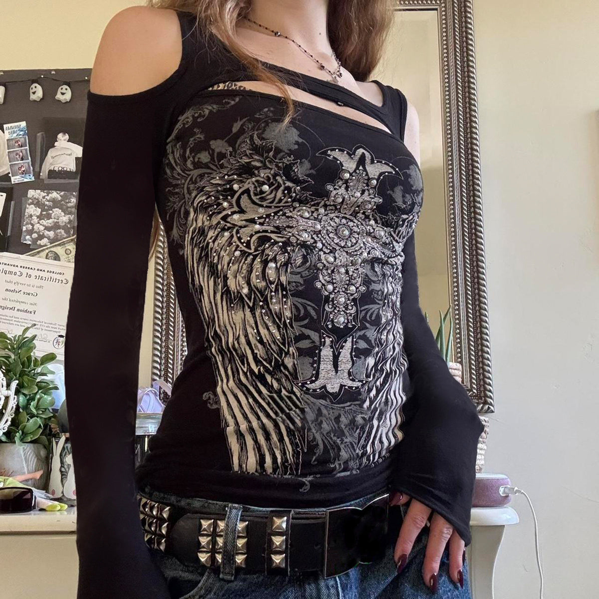 Womens Asymmetrical Off-Shoulder Long Sleeve T-Shirt