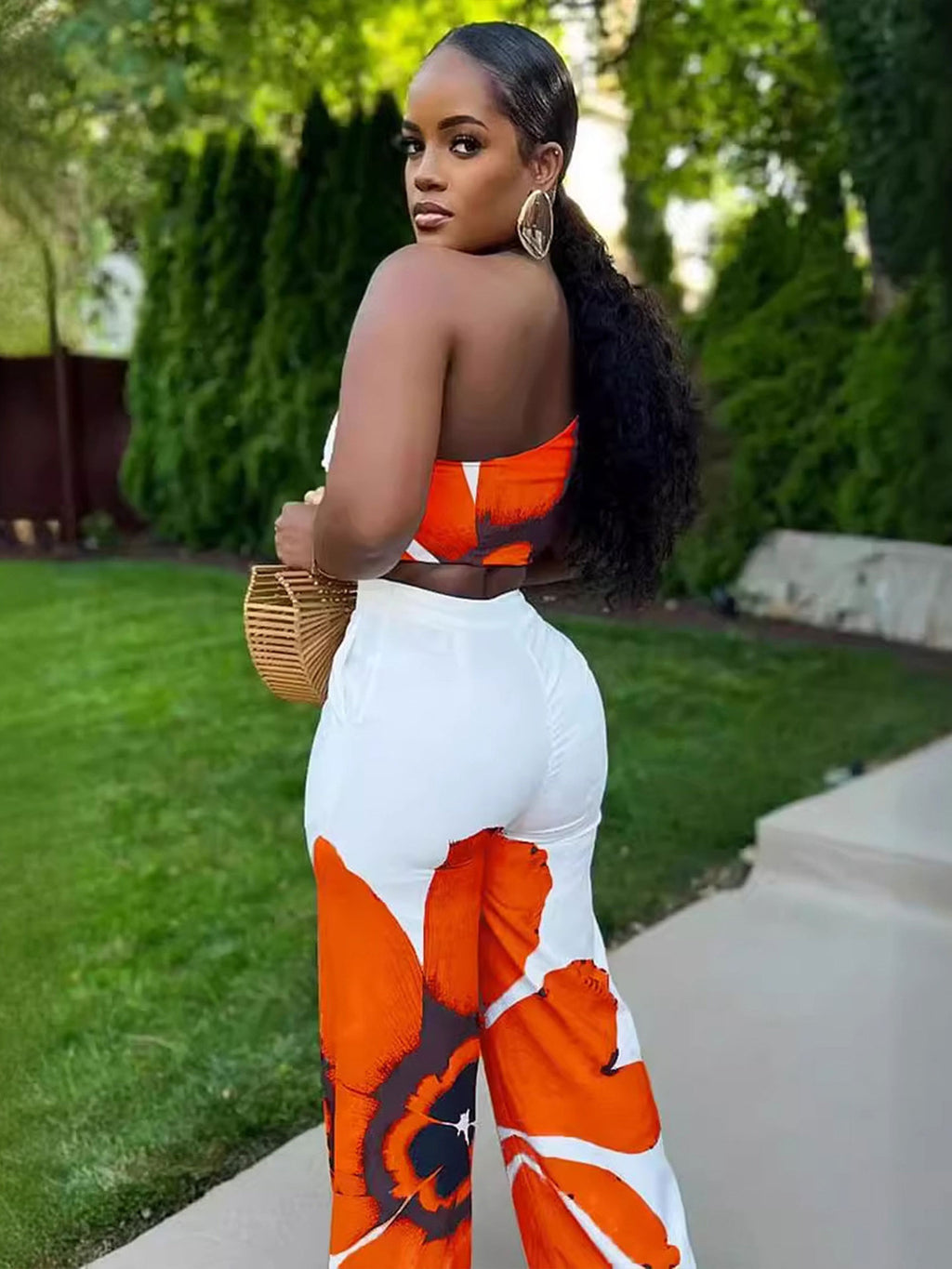 Floral Print Slim-fit Women's Two-piece Pants Set
