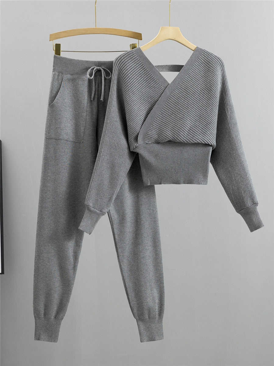 Petite Double V-Neck Off-Shoulder Knit Two-Piece Set for Women