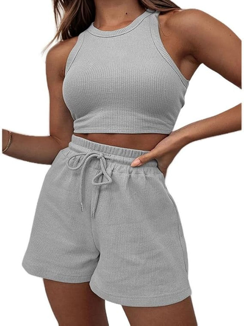 Waffle Texture Sleeveless Vest and Drawstring Shorts