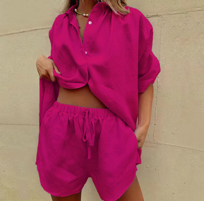 Womens Summer Short Sleeve Shirt and Shorts Set