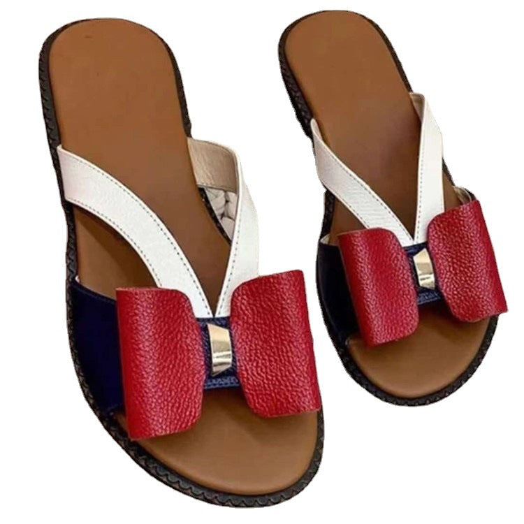 Casual flat color-blocked bow slippers