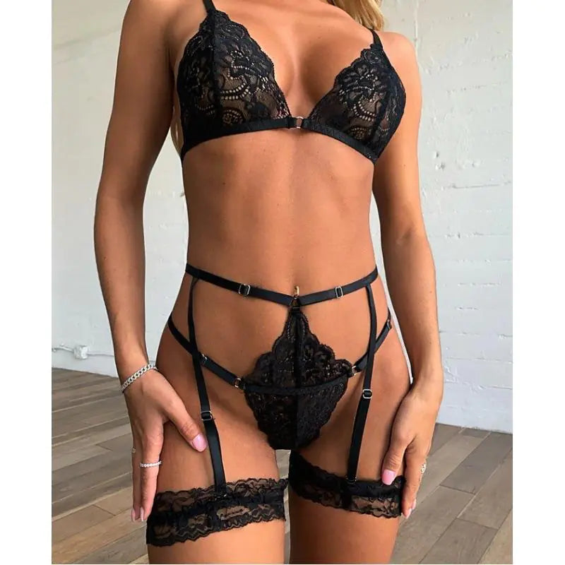 Cross Lace Spliced Women's Sexy Lingerie Set