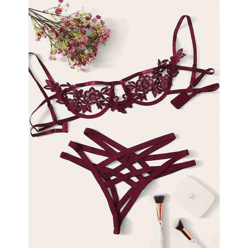 Lace Lingerie Set with Sheer Design (3-Piece)